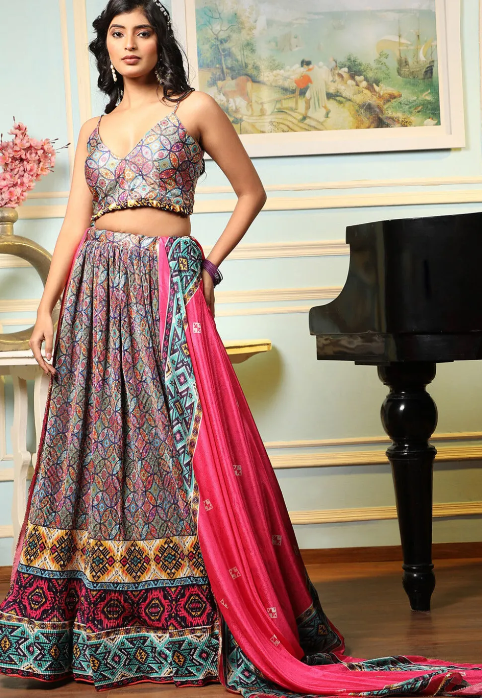 Digital Printed Satin Lehenga in Multicolor