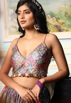 Digital Printed Satin Lehenga in Multicolor