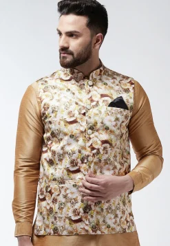Digital Printed Satin Nehru Jacket in Light Beige
