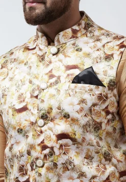 Digital Printed Satin Nehru Jacket in Light Beige