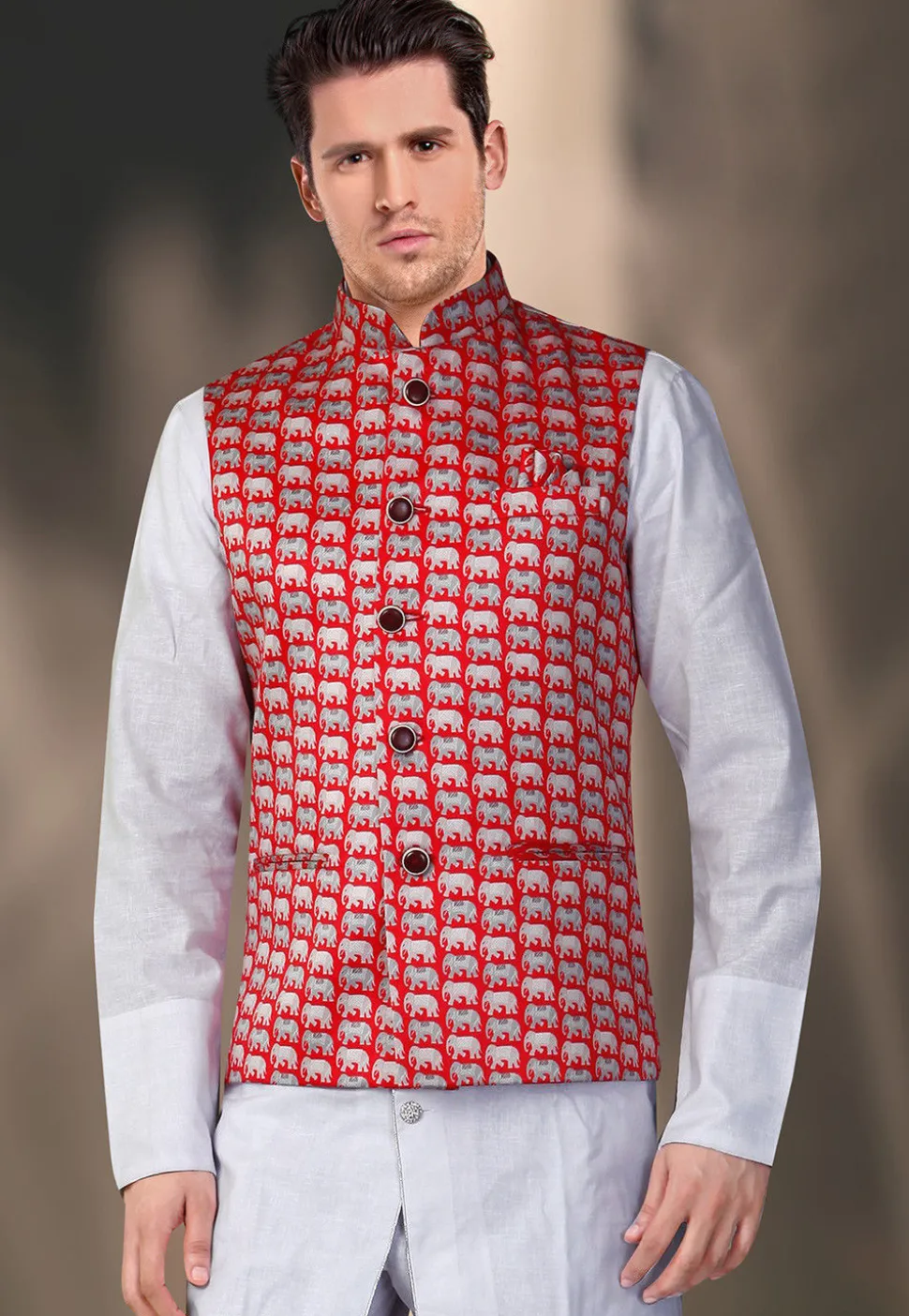 Digital Printed Satin Nehru Jacket in Red