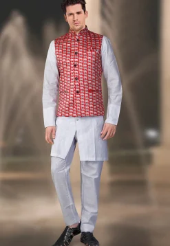 Digital Printed Satin Nehru Jacket in Red
