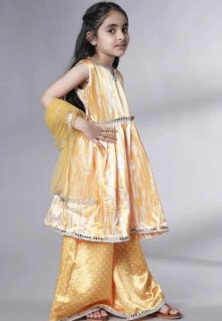 Digital Printed Satin Pakistani Suit in Yellow and Cream