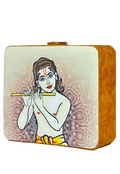 Digital Printed Satin Rectangular Clutch Bag in Off White