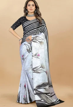 Digital Printed Satin Saree in Off White and Black