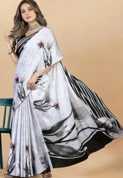 Digital Printed Satin Saree in Off White and Black