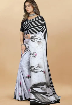 Digital Printed Satin Saree in Off White and Black