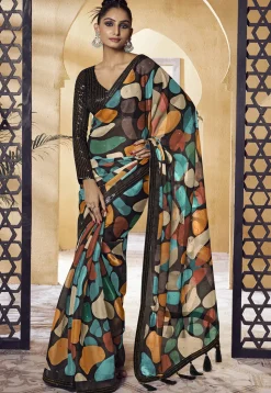 Digital Printed Satin Saree in Black