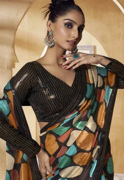 Digital Printed Satin Saree in Black