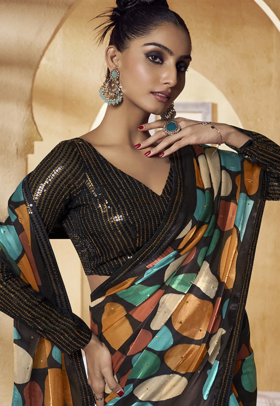 Digital Printed Satin Saree in Black