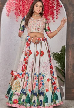 Digital Printed Satin Silk Lehenga in Off White