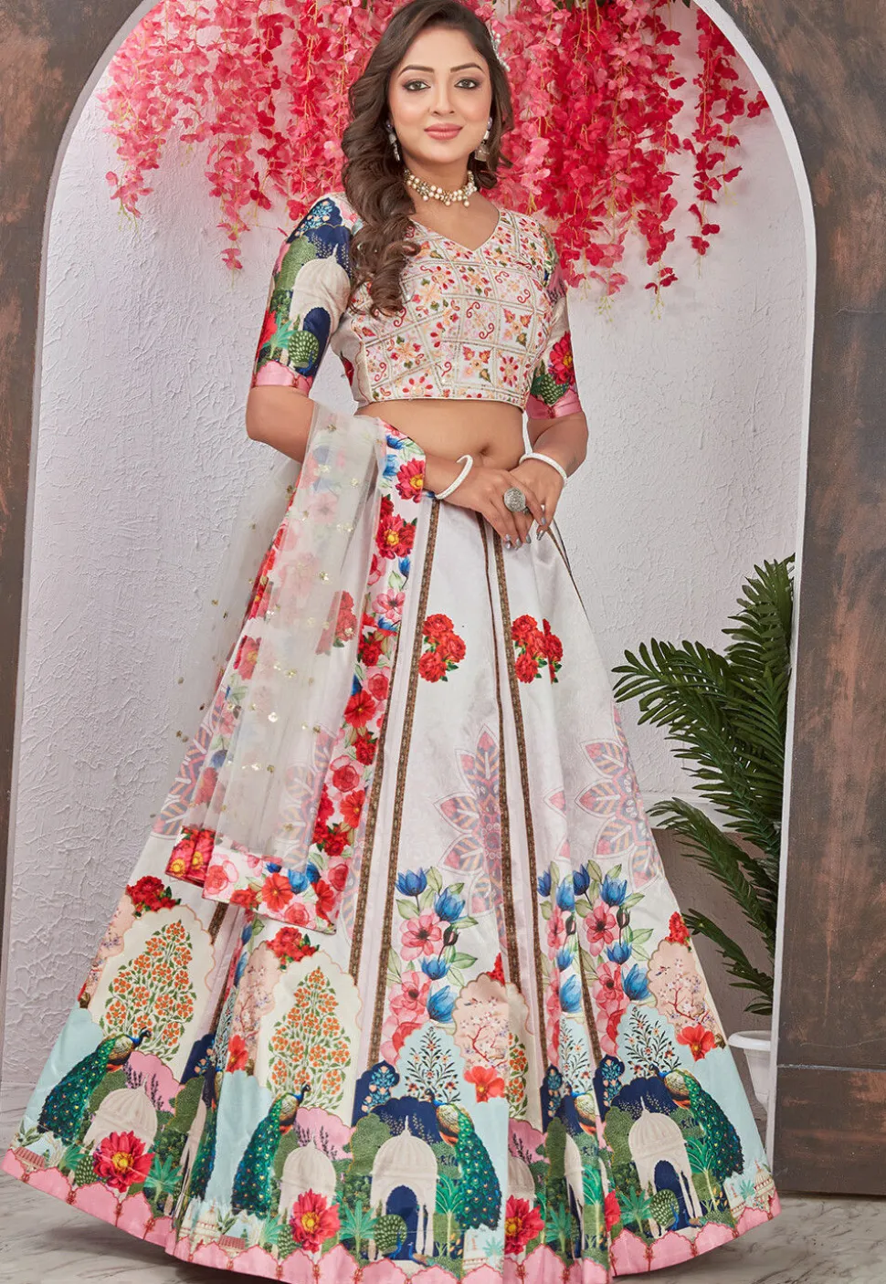 Digital Printed Satin Silk Lehenga in Off White