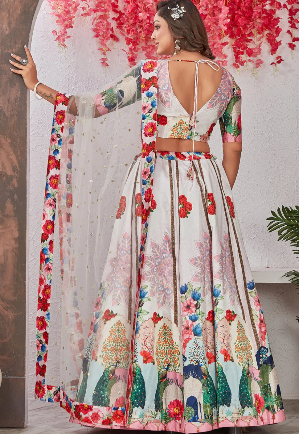 Digital Printed Satin Silk Lehenga in Off White