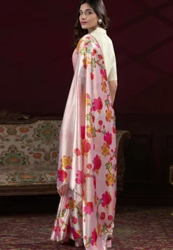 Digital Printed Satin Silk Saree in Light Pink