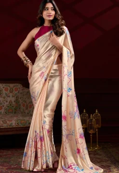 Digital Printed Satin Silk Saree in Cream