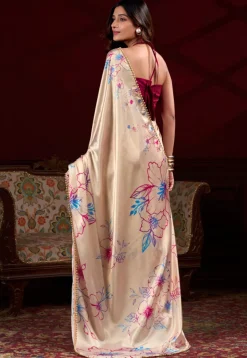 Digital Printed Satin Silk Saree in Cream