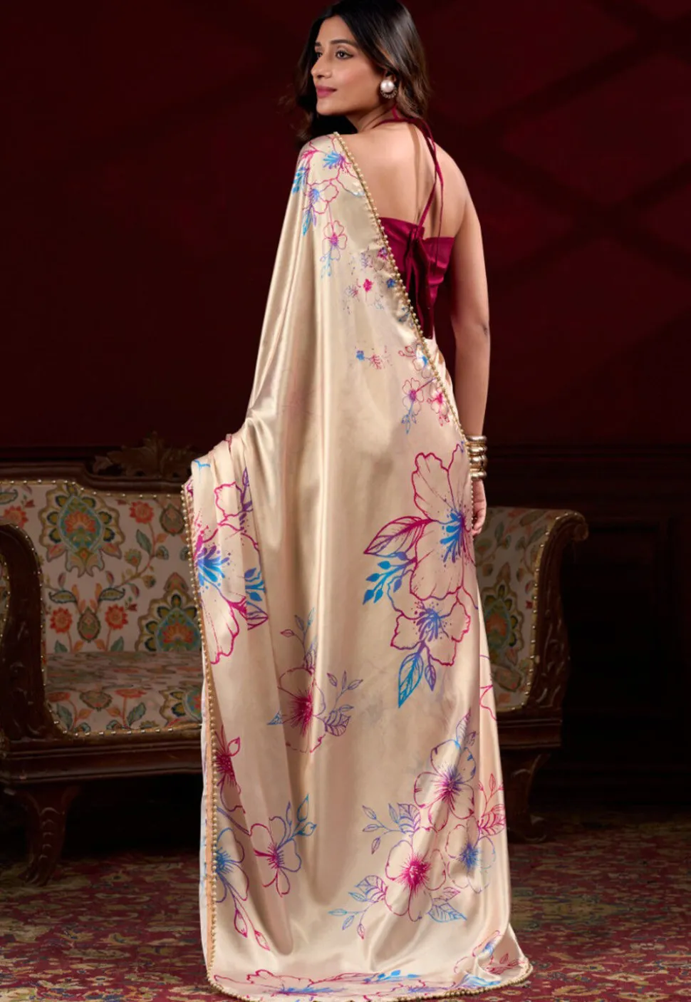 Digital Printed Satin Silk Saree in Cream