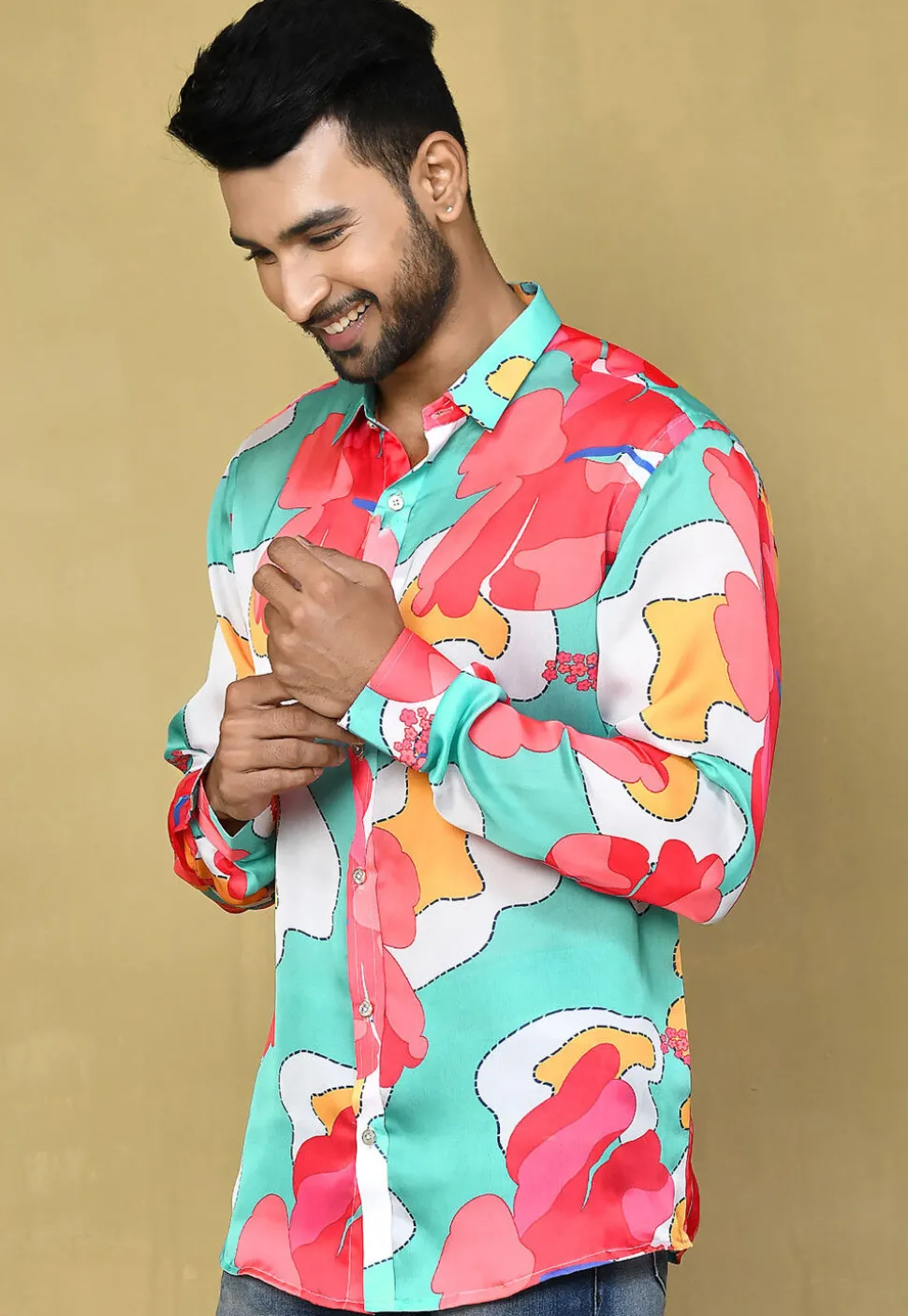 Digital Printed Satin Silk Shirt in Multicolor