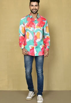 Digital Printed Satin Silk Shirt in Multicolor
