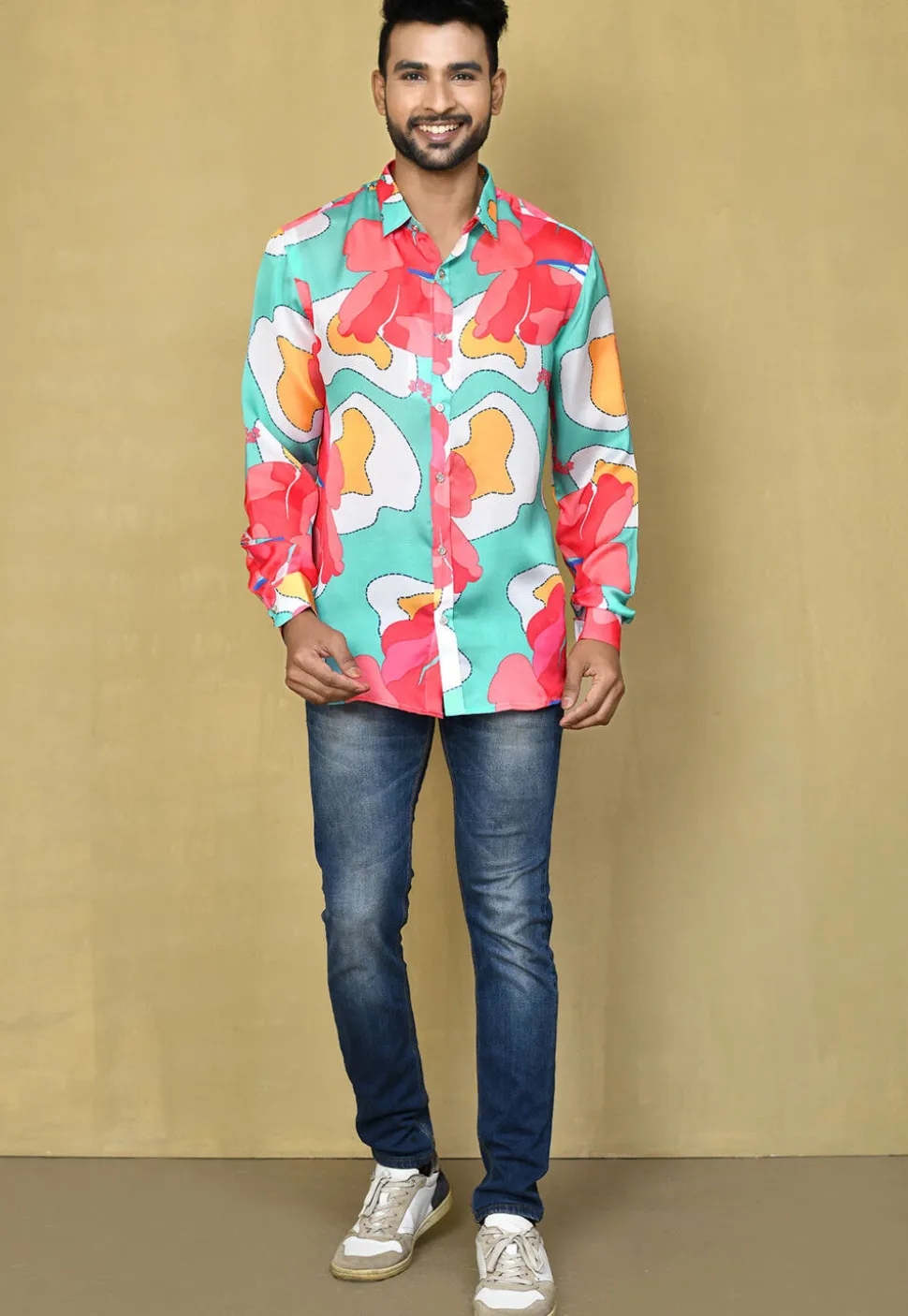 Digital Printed Satin Silk Shirt in Multicolor