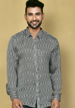 Digital Printed Satin Silk Shirt in Black and White