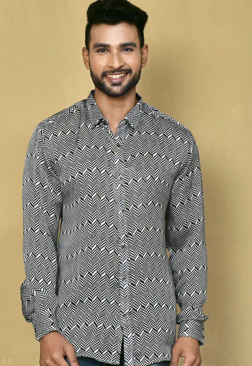 Digital Printed Satin Silk Shirt in Black and White