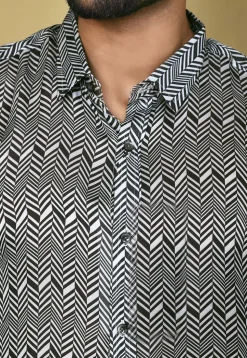 Digital Printed Satin Silk Shirt in Black and White