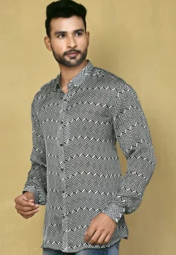 Digital Printed Satin Silk Shirt in Black and White