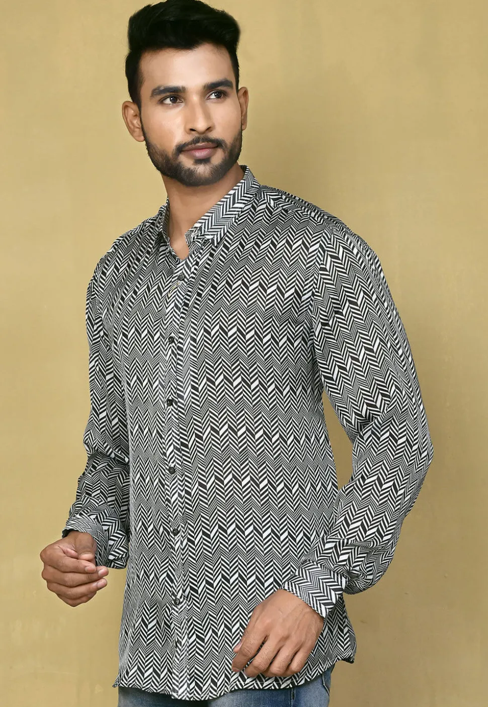 Digital Printed Satin Silk Shirt in Black and White