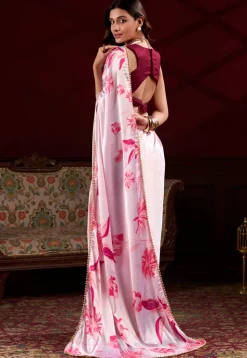 Digital Printed Satin Silk Saree in Baby Pink