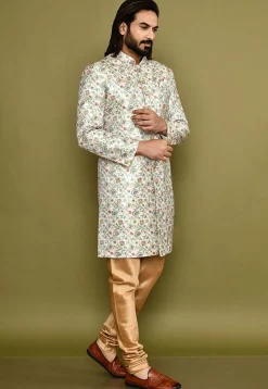 Digital Printed Satin Silk Sherwani in Cream