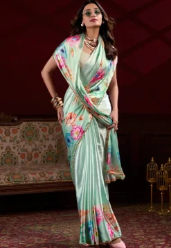 Digital Printed Satin Silk Saree in Pastel Green