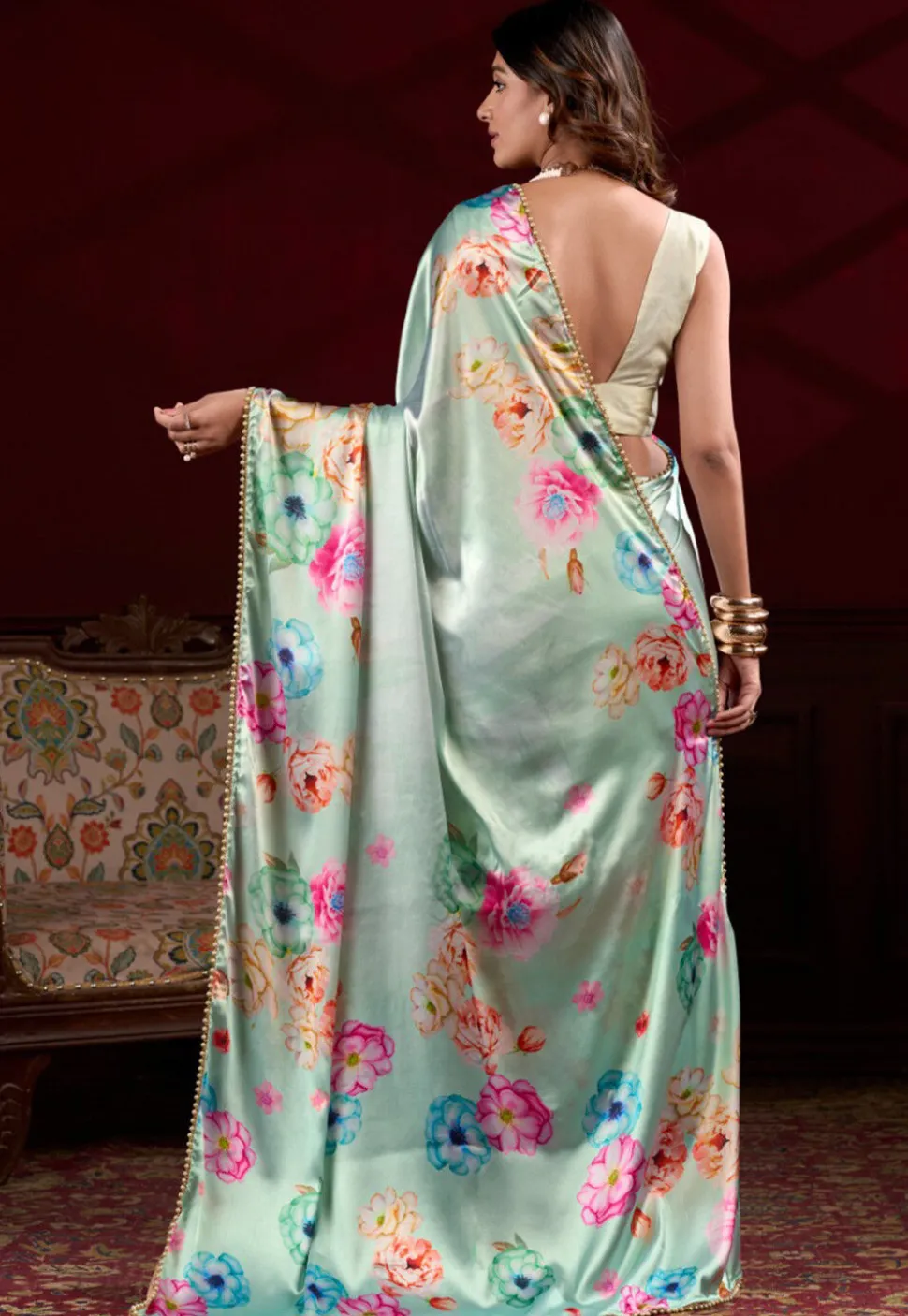 Digital Printed Satin Silk Saree in Pastel Green