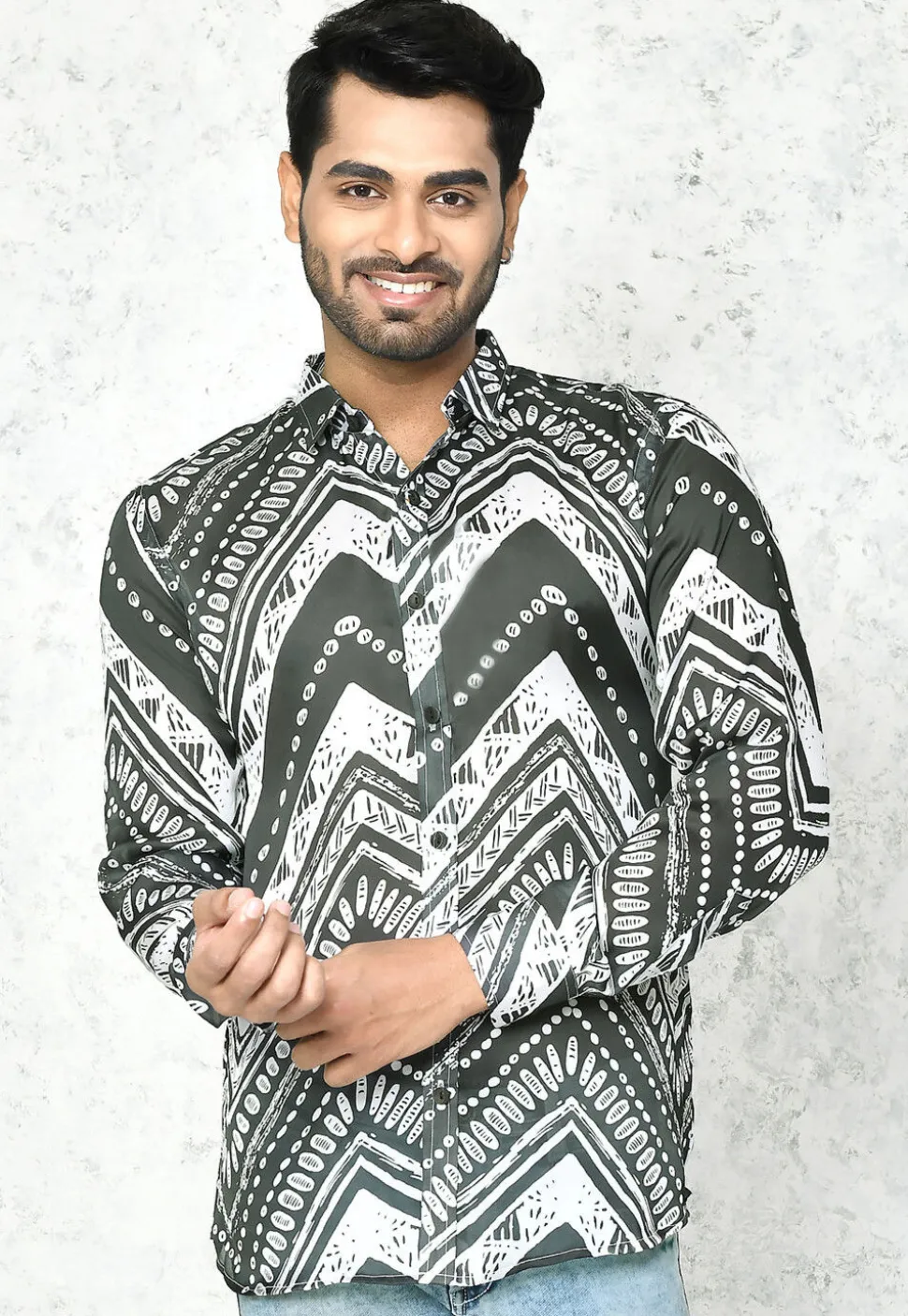 Digital Printed Satin Silk Shirt in Grey and White