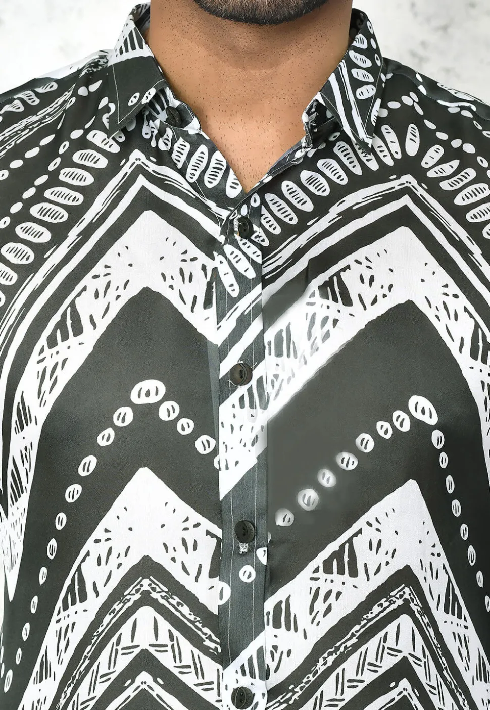 Digital Printed Satin Silk Shirt in Grey and White