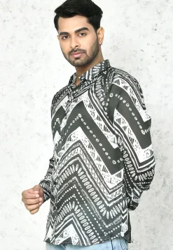 Digital Printed Satin Silk Shirt in Grey and White