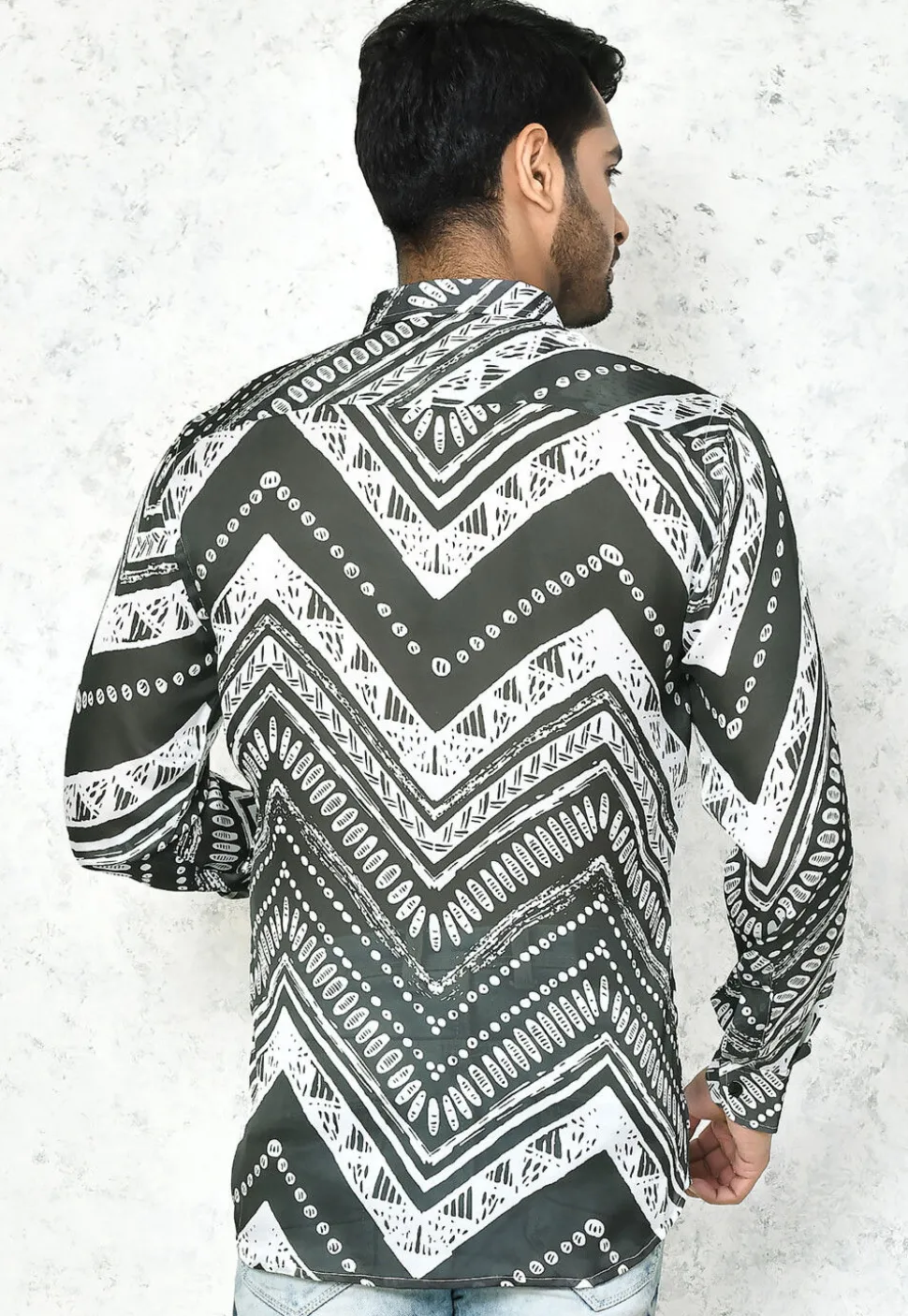 Digital Printed Satin Silk Shirt in Grey and White