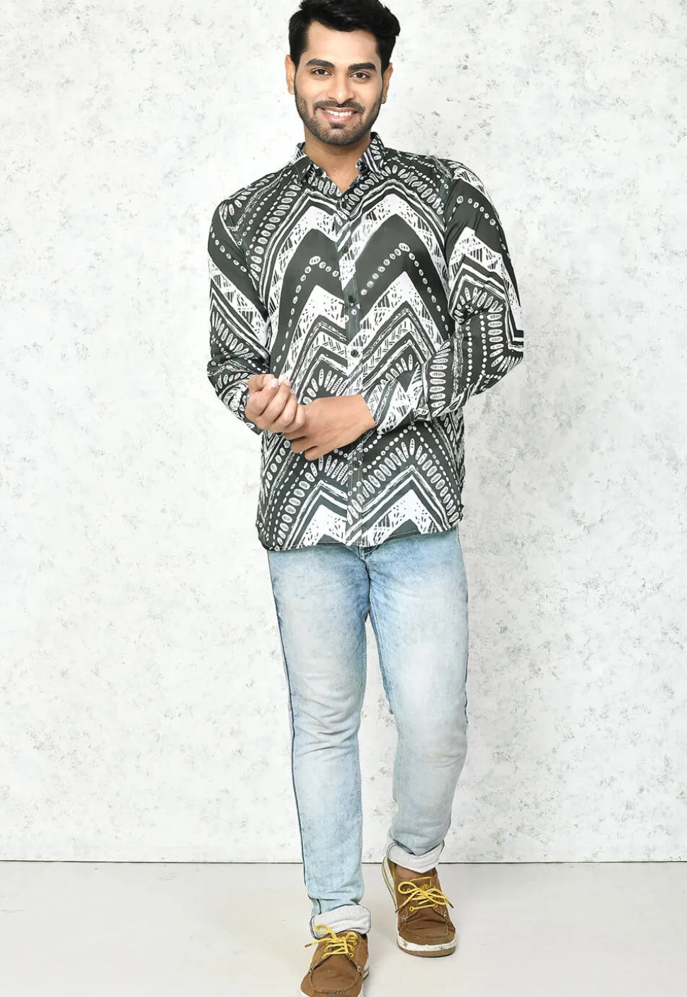 Digital Printed Satin Silk Shirt in Grey and White
