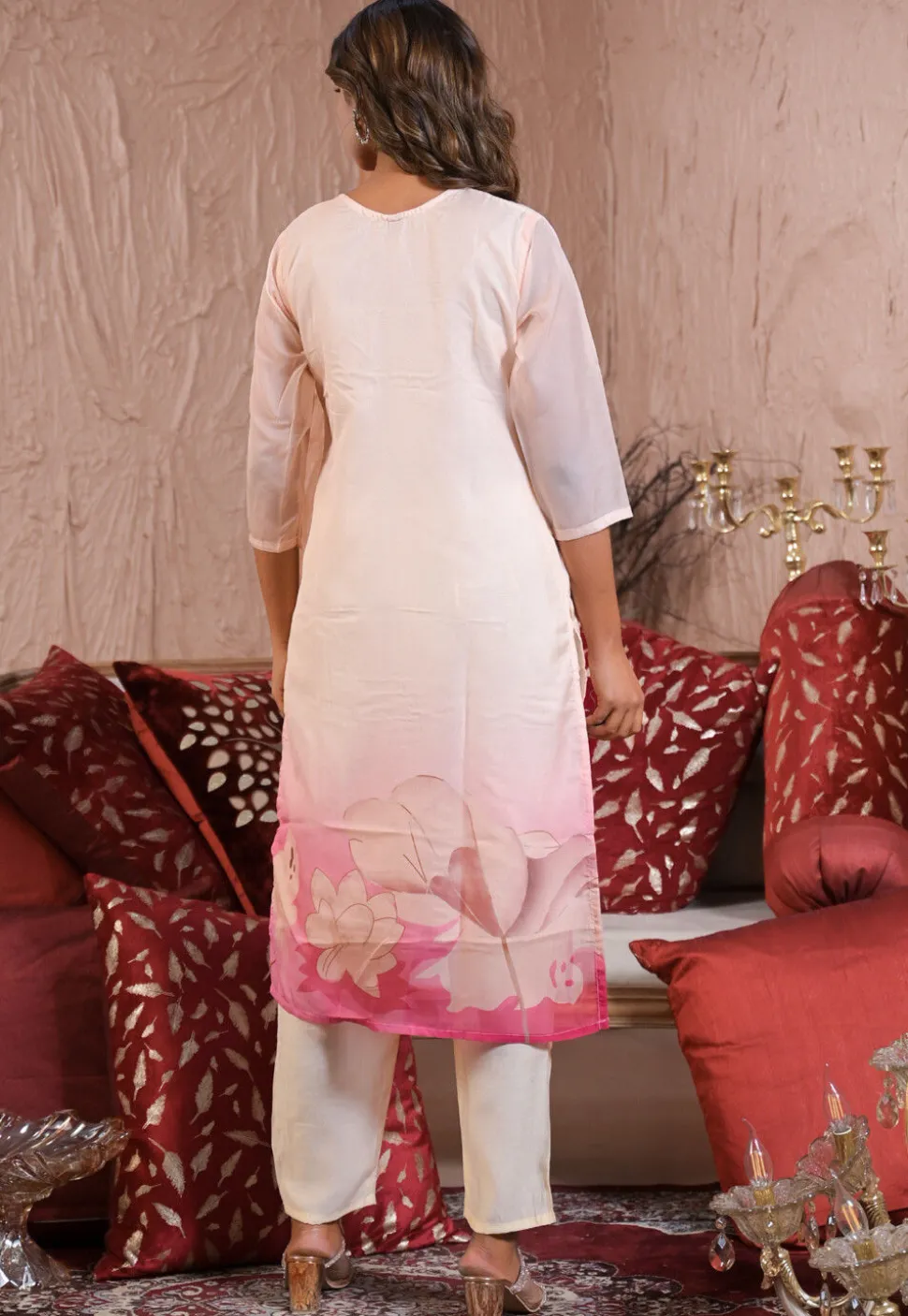 Digital Printed Satin Silk Pakistani Suit in Baby Pink