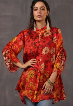 Digital Printed Satin Tunic in Red