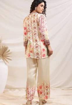 Digital Printed Satin Tunic Set in Cream
