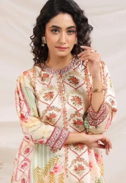 Digital Printed Satin Tunic Set in Cream