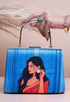 Digital Printed Synthetic Rectangular Clutch Bag in Blue
