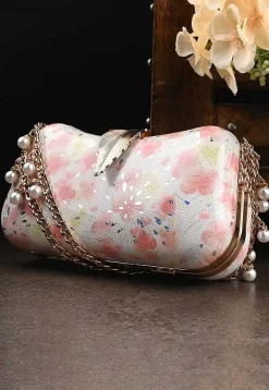 Digital Printed Synthetic Rectangular Clutch Bag in Off White