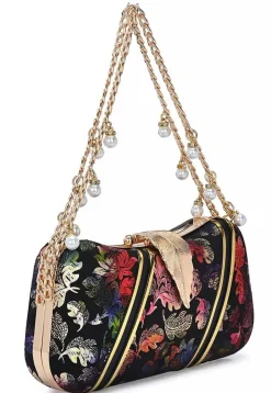 Digital Printed Synthetic Rectangular Clutch Bag in Black