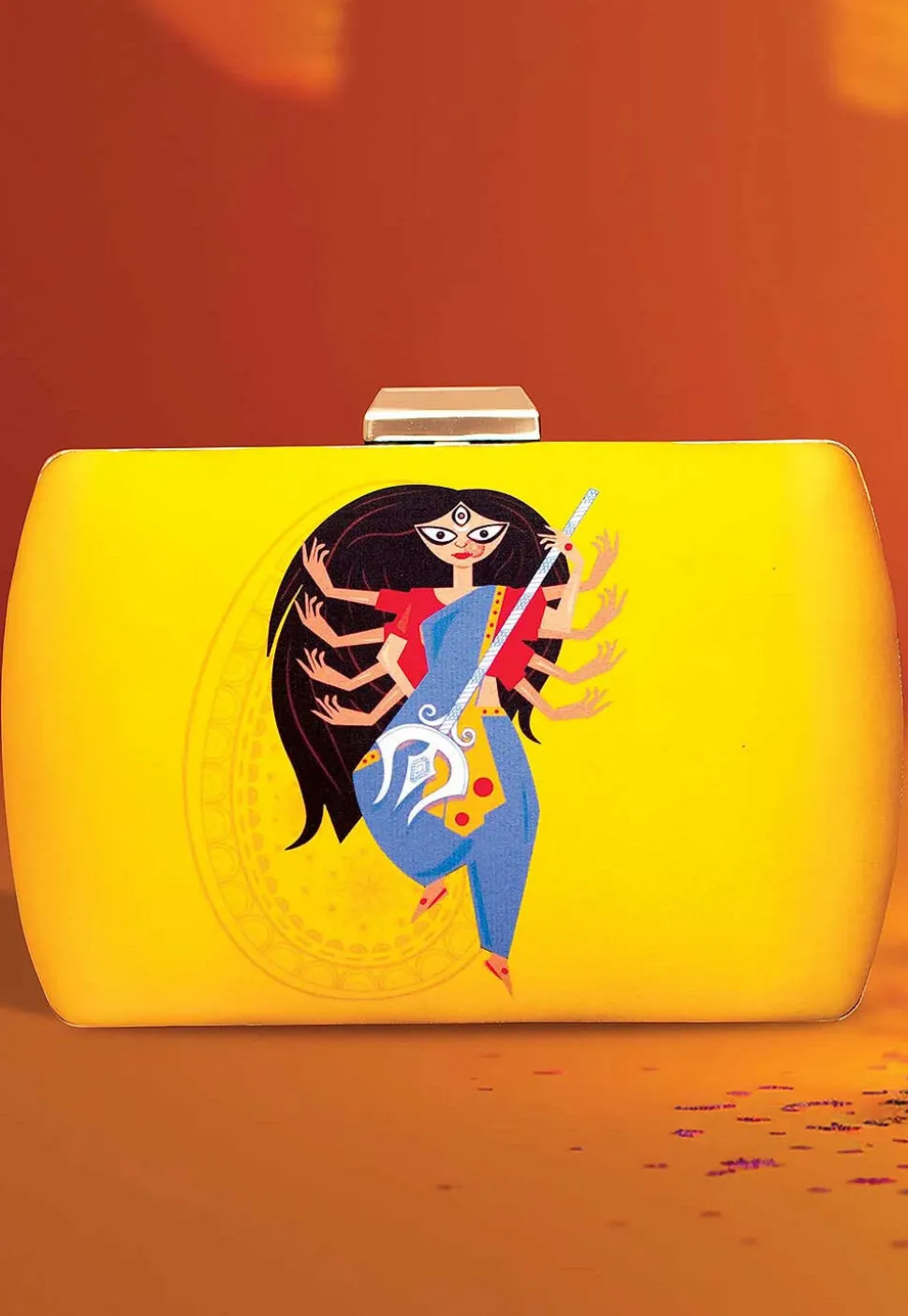 Digital Printed Synthetic Rectangular Clutch Bag in Yellow