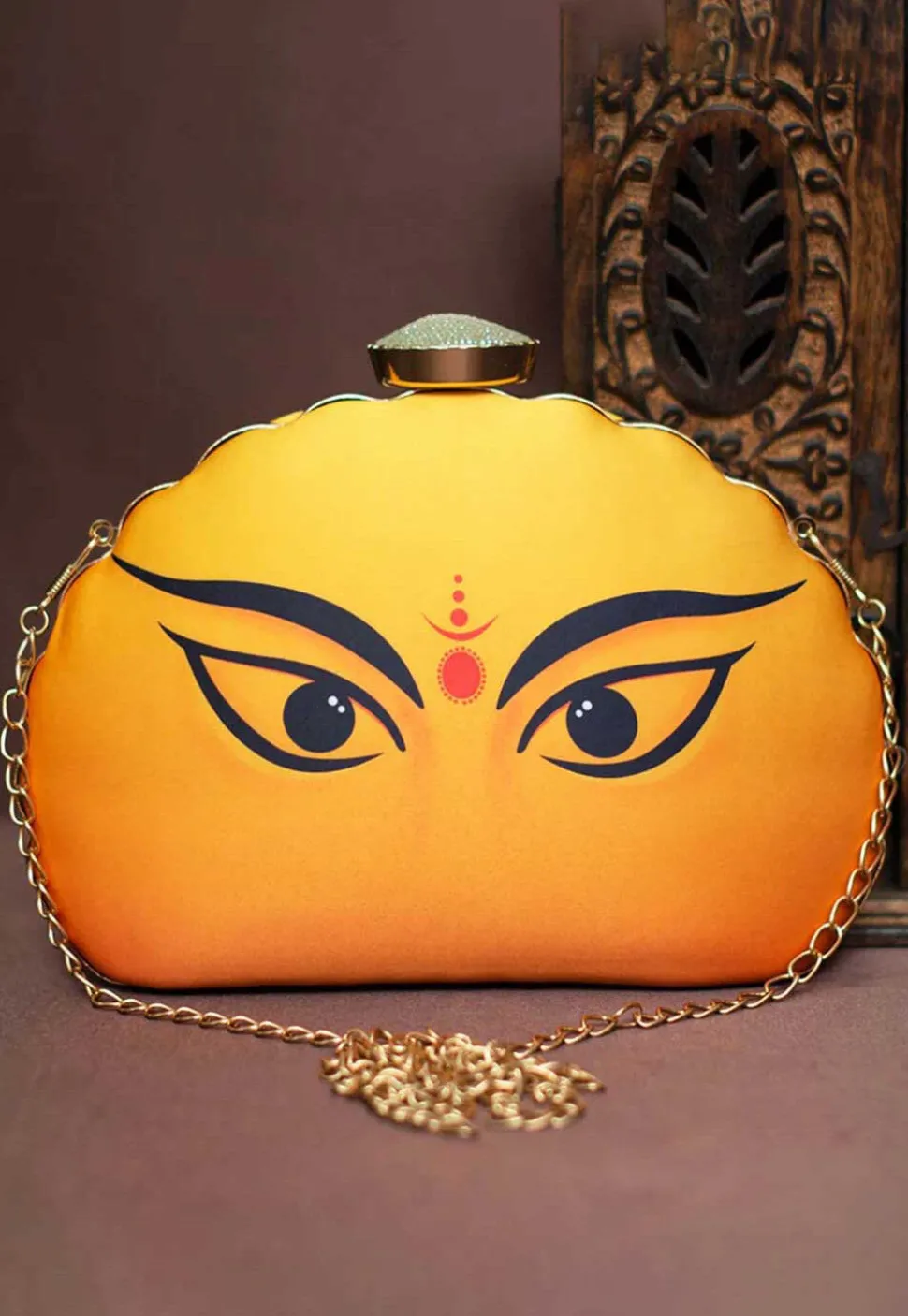 Digital Printed Synthetic Scalloped Clutch Bag in Yellow