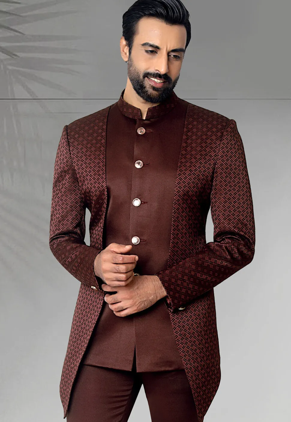 Digital Printed Terry Rayon Jodhpuri Jacket in Maron
