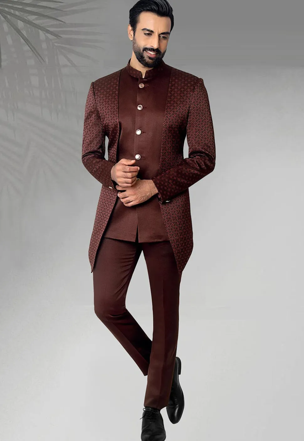 Digital Printed Terry Rayon Jodhpuri Jacket in Maron