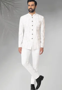 Digital Printed Terry Rayon Jodhpuri Suit in Off White